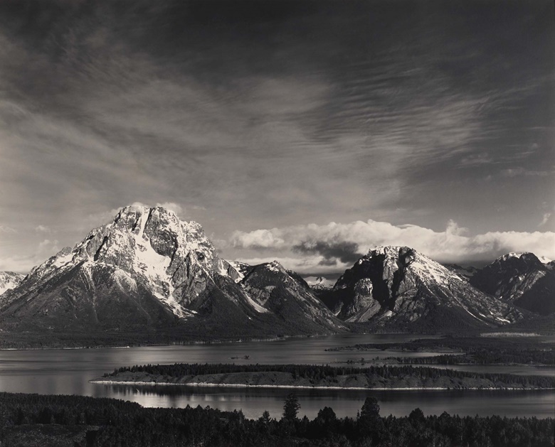 Ansel Adams (1902–1984), Mt. Moran and Jackson Lake from Signal Hill, Grand Teton, National Park, Wyoming, c. 1941. Gelatin silver print. 27½ x 34½ in (69.8 x 87.6 cm). Estimate $100,000-200,000. Offered in Photographs on 31 March- 13 April 2023 at Christie’s in New York