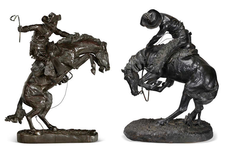Frederic Remington (1861-1909), Broncho Buster, c. 1895. Bronze with brown patina. 24 in (60.9 cm). Estimate $250,000-$350,000; Frederic Remington (1861-1909), The Rattlesnake, c. 1918. Bronze with black patina. 24 in (60.9 cm). Estimate $150,000-$250,000. Offered in 19th Century American Art on 19 January 2023 at Christie’s in New York