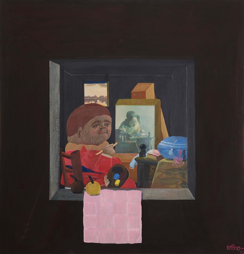 Fernando Botero (b. 1932), Latelier de Vermeer, 1963. Oil and collage on canvas. 52 x 50 in (132.1 x 127 cm). Estimate $350,000-450,000. Offered in Latin American Art on 9 March 2023 at Christie’s New York