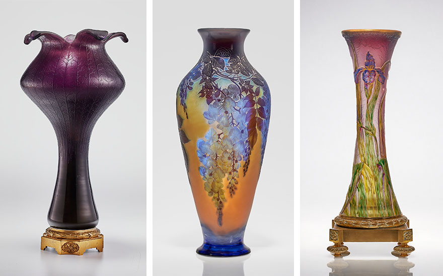 Left Émile Gallé, Floriform Table Lamp, c. 1900. 14½ in (36.8 cm) high, 7½ in (19 cm) diameter. Estimate $10,000-15,000.; Middle Gallé, Monumental