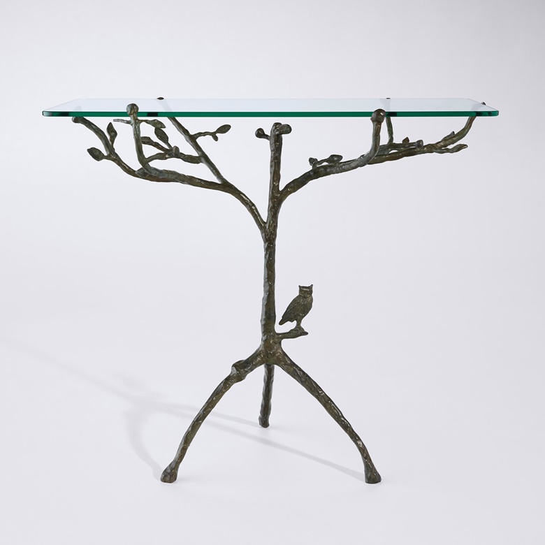 Diego Giacometti (1902-1985), ‘Guéridon Arbre au Hibou,’ 1978. Patinated bronze, glass. 25½ x 27¼ x 13½ in (64.8 x 69.2 x 34.3 cm). Sold for $378,000 in Designs By Alberto and Diego Giacometti on 9 December 2022 at Christie’s New York