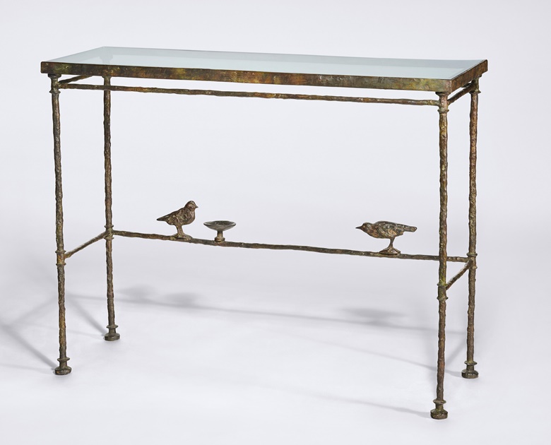 Diego Giacometti (1902-1985), Console aux Deux Oiseaux et Coupelle,’ 1970. Patinated bronze, glass. 33½ x 46 x 14½ in (85 x 117 x 37 cm). Sold for $1,380,000 in Designs By Alberto and Diego Giacometti on 9 December 2022 at Christie’s New York