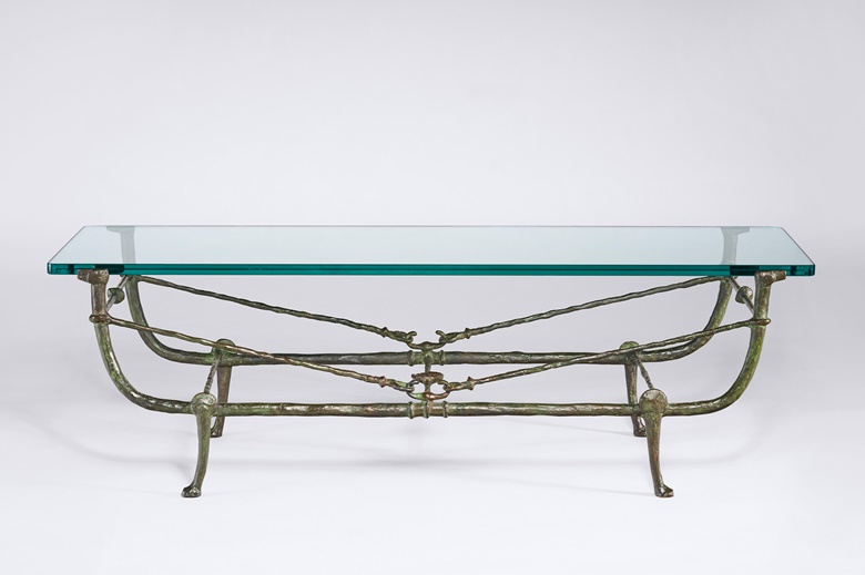 Diego Giacometti (1902-1985), ‘Berceau’ Table, Second Version, 1970. Patinated bronze, glass. 15¼ x 45⅞ x 17¾ in (38.7 x 116.5 x 45 cm). Sold for $390,600 in Designs By Alberto and Diego Giacometti on 9 December 2022 at Christie’s New York