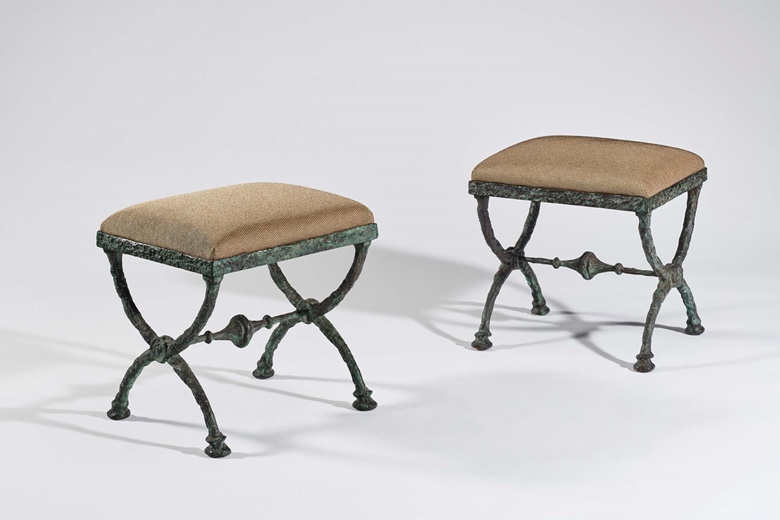 Diego Giacometti (1902-1985), Pair of X Form Stools, Troisième Version, c. 1960. Patinated bronze, upholstery 19 x 18¼ x 15⅝ in (48.2 x 46.3 x 39.7 cm) each. Estimate $200,000-300,000. Offered in Design on 8 June 2023 at Christie’s in New York