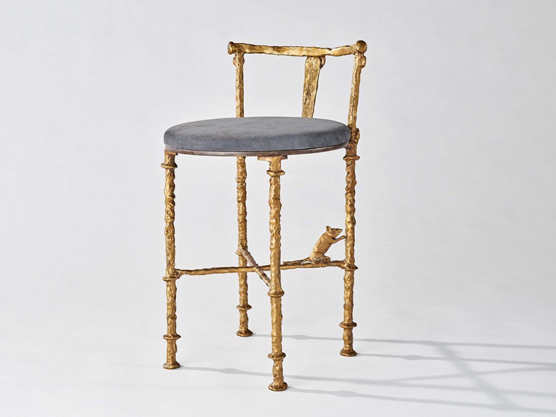 Diego Giacometti (1902-1985), Tabouret de Coiffeuse à la Souris, c. 1960. Gilt bronze, velvet upholstery. 22⅞ x 12⅞ x 14½ in (58.1x 32.9 x 36. 9 cm). Estimate $150,000-200,000. Offered in  Design on 8 June 2023 at Christie’s in New York