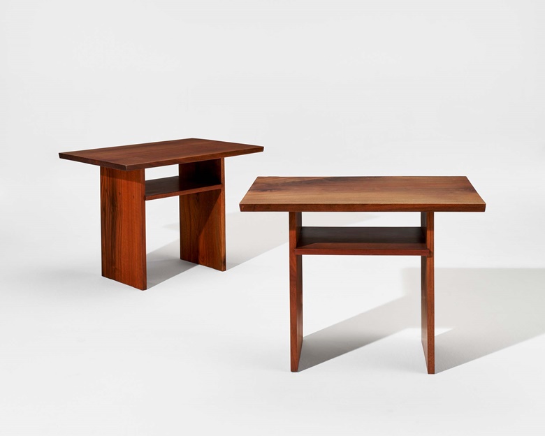 George Nakashima (1905-1990), Pair of Portsmouth side tabes, 1969. American black walnut. 21 x 27⅞ x 19⅞ in (53.3 x 70.8 x 50.5 cm). Estimate $10,000-15,000. Offered in Art of Collecting A Pacific Island Connoisseur of Art and Design on 7 March 2023 at Christie’s New York