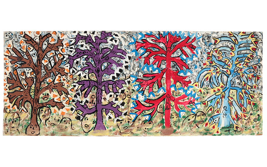 Thornton Dial (1928-2016), Everybody’s Got a Right to the Tree of Life, circa 1988. Oil on wood. 48⅛ x 120 in. Sold for $56,700 in Outsider and Vernacular Art on 18 January 2023 at