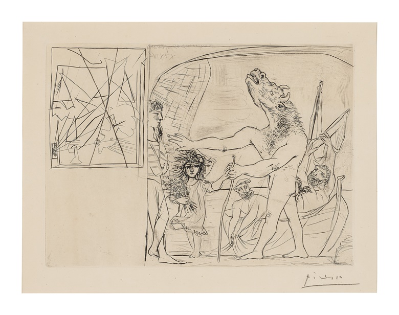 Pablo Picasso (1881-1973), Minotaure aveugle guidé par une fillette, I, from La Suite Vollard, 1934. Etching. Image 9⅞ x 13⅝ in (251 x 346 mm), Sheet 13⅜ x 17⅝ in (340 x 448 mm). Estimate $10,000-$15,000. Offered in Prints and Multiples on 27 October 2022 at Christies New York