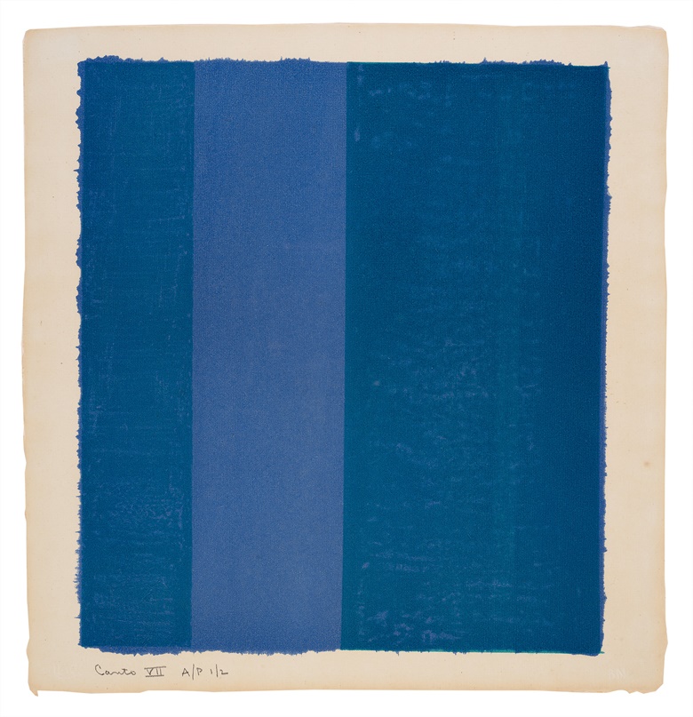 Barnett Newman (1905-1970), Canto VIII, from 18 Cantos, 1963. Lithograph in blues. Image 14¾ x 13⅛ in (373 x 330 mm), Sheet 16½ x 15⅞ in (418 x 400 mm). Estimate $50,000-$70,000. Offered in Prints and Multiples on 27 October 2022 at Christies New York