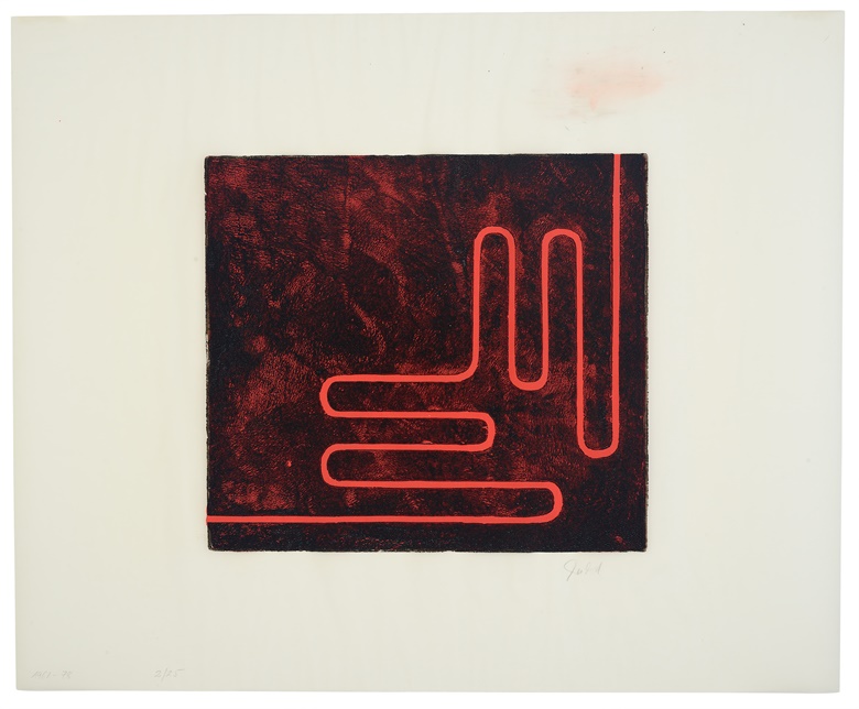 Donald Judd (1928-1994), Untitled, 1961-1978. Woodcut in black with cadmium red oilpaint on frostlite vellum. Image 12 x 13¼ in (305 x 635 mm), Sheet 20½ x 25 in (525 x 640 mm). Estimate $15,000-$20,000. Offered in Prints and Multiples on 27 October 2022 at Christies New York