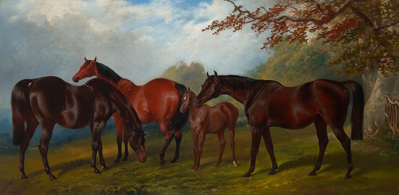 Henry Barraud (1811-1874), Polydora, Annette, Salisbury, Polyxena, Mares Belonging to Earl Spencer. Oil on canvas. 39 x 78 in (99.1 x 198.1 cm). Estimate $50,000-70,000. Offered in European Art from 17 January-1 February 2023 at Christie’s online