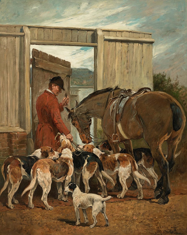John Emms (1843-1912), The Huntsman Returns. Oil on canvas. 50 x 40 in (127 x 101.6 cm). Estimate $80,000-120,000. Offered in European Art from 17 January-1 February 2023 at Christie’s online