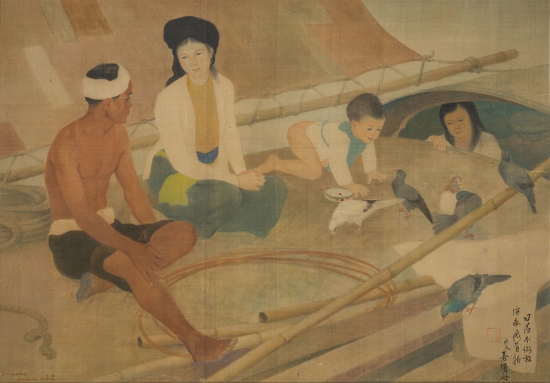 梁春尔（1914–2006），《渔夫和家人》。水墨 粉彩 绢布，67 x 110 公分（26 38 x 43 14 英寸），1940年作。此拍品于2019年5月26日二十世纪及当代艺术上午拍卖中以4,685,000港元成交