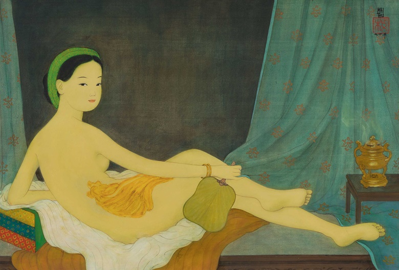 梅忠恕（1906–1980），《裸女》。水墨 水粉 绢布（原装画框），47 x 70 公分（18 12 x 27 12 英寸），1970年作。此拍品于2019年11月24日二十世纪及当代艺术上午拍卖中以3,965,000港元成交