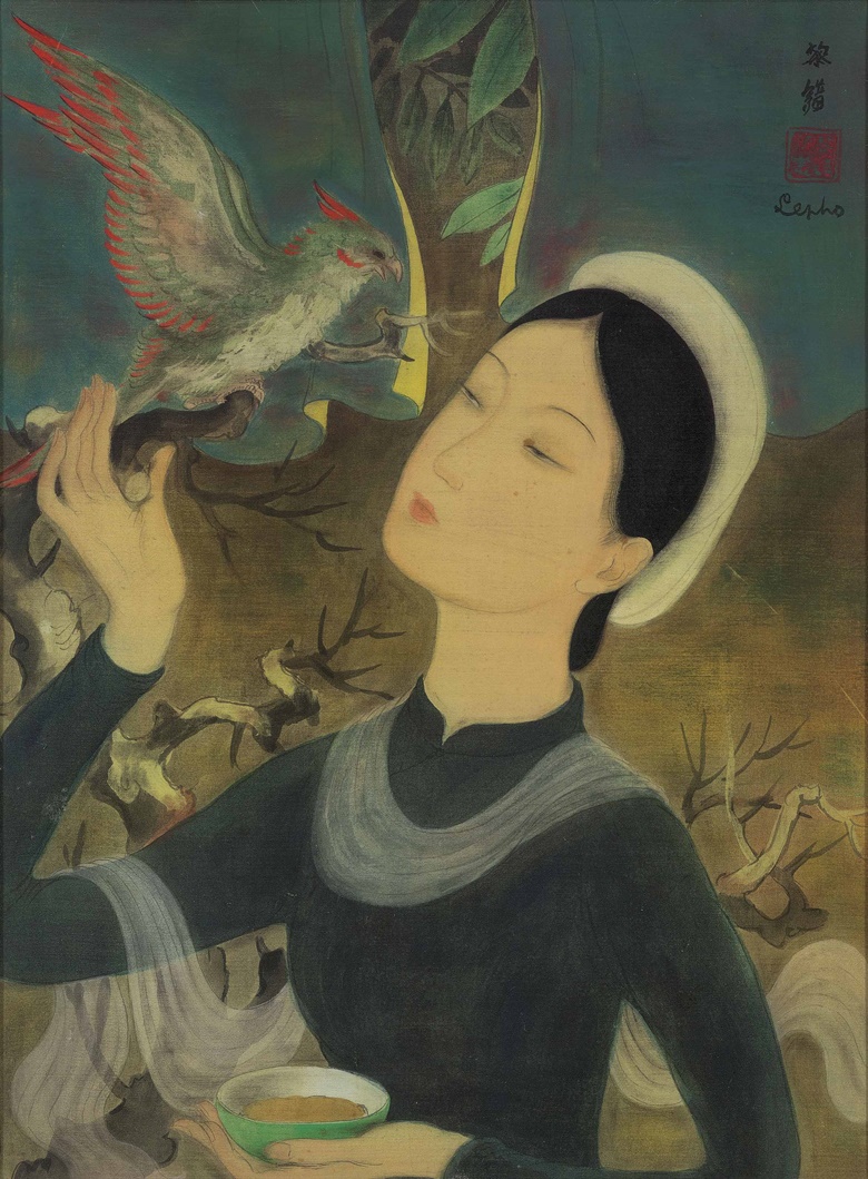 黎谱（1907–2001），《女子与鹦鹉》。水墨 水粉 绢本，38.5 x 28.5 公分（15 18 x 11 14 英寸），约1938年作。此拍品于2020年7月10日现代及当代艺术晚间拍卖中以4,925,000港元成交