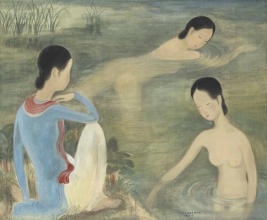 武高谈（1908–2000），《沐浴》。水墨 水粉 绢布，50 x 60.3 公分（19 58 x 23 34 英寸），1944年作。此拍品于2020年12月3日现代及当代艺术上午拍卖中以8,050,000港元成交，刷新艺术家拍卖世界纪录