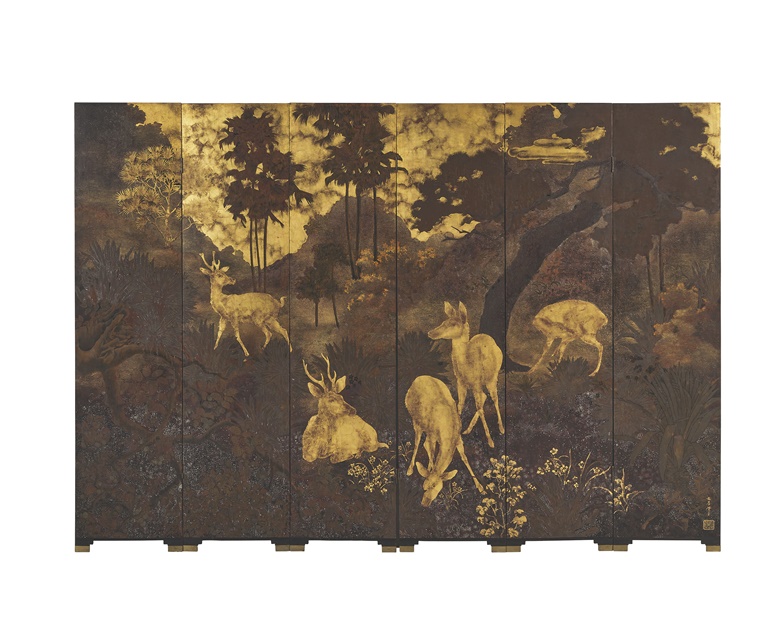范厚（1903–1995），《山谷中的鹿群》。漆木板，每件：152 x 36 公分（60 x 14 18 英寸）（6），总：152 x 216 公分（60 x 85 英寸），约1938年作。此拍品于2020年12月3日现代及当代艺术上午拍卖中以3,750,000港元成交