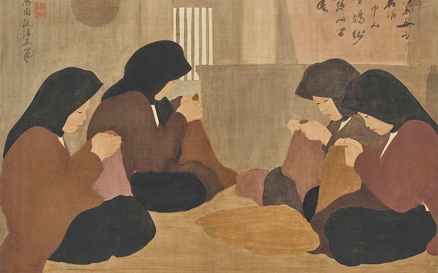 阮潘正（1892–1984），《裁缝少女》。水墨 水粉 绢布（原装框架），65.5 x 88 公分（25 34 x 34 58 英寸），1930年作。此拍品于2020年12月3日现代及当代艺术上午拍卖中以10,930,000港元成交，刷新艺术家拍卖世界纪录