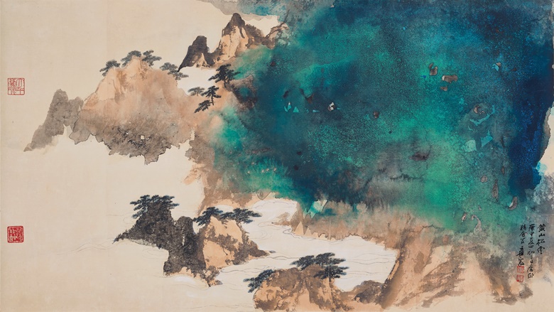 张大千（1899-1983） 《黄山松云》，设色纸本 镜框，57.5 x 101公分（22 ⅝ x 39 ¾寸），1980年作。估价：3,000,000-6,000,000港元。此拍品将于2020年7月8日佳士得香港中国近现代及当代书画呈献