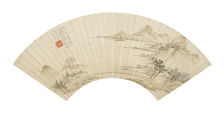 折扇：明 陆治，《春山帆影》，设色金笺 扇面镜框，16.5 x 50公分（6 ½ x 19 ⅝ 吋）。估价：120,000-200,000港元。将于2020年12月2日佳士得香港中国古代书画拍卖中呈献