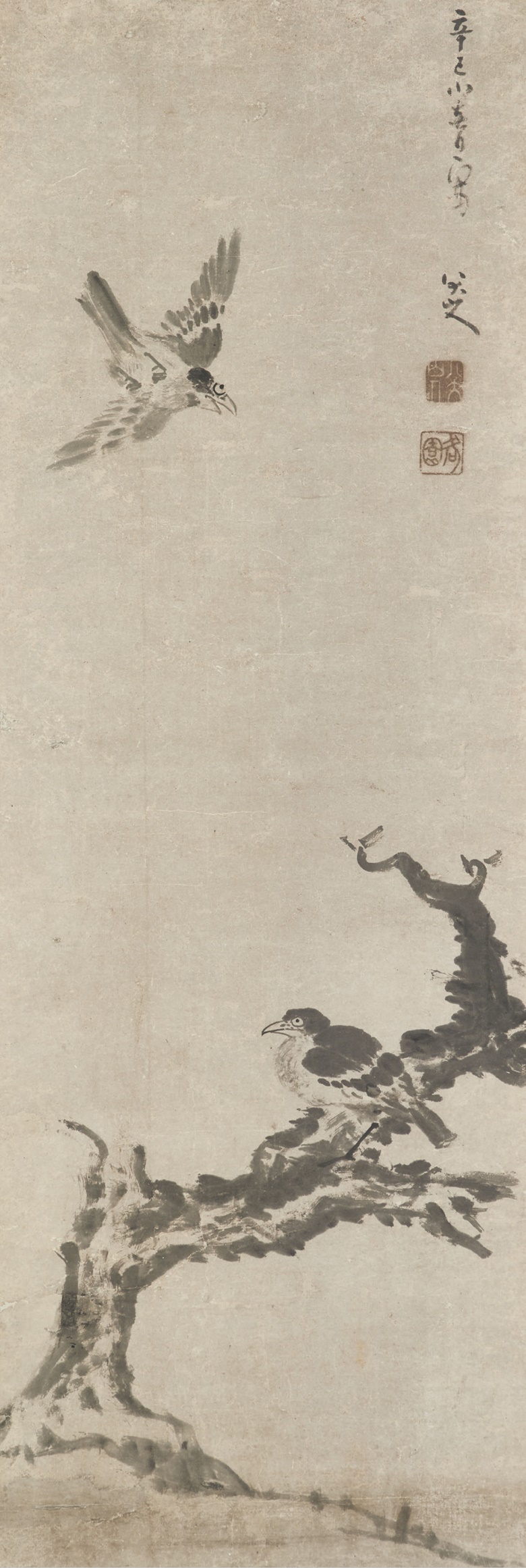 清 八大山人，《枯木双禽》，水墨纸本 立轴，127.5 x 43.2公分（50 ¼ x 17吋），1701年作。估价：5,000,000-7,000,000港元。将于2020年12月2日佳士得香港中国古代书画拍卖中呈献