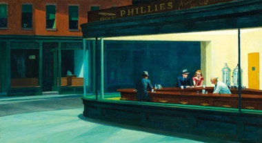 Edward Hopper, Nighthawks, 1942. Art Institute of Chicago. © 2018 Heirs of Josephine Hopper  Licensed by VAGA at Artists Rights Society (ARS), NY. Photo The Art Institute of Chicago, IL, USA  Friends of American Art Collection  Bridgeman Images.