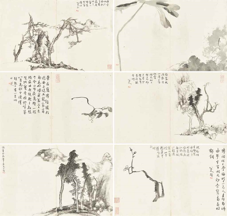 拍品编号916 清 八大山人 《山水花卉册》 水墨纸本 册页六开 成交额：39,740,000港元  5,146,040美元