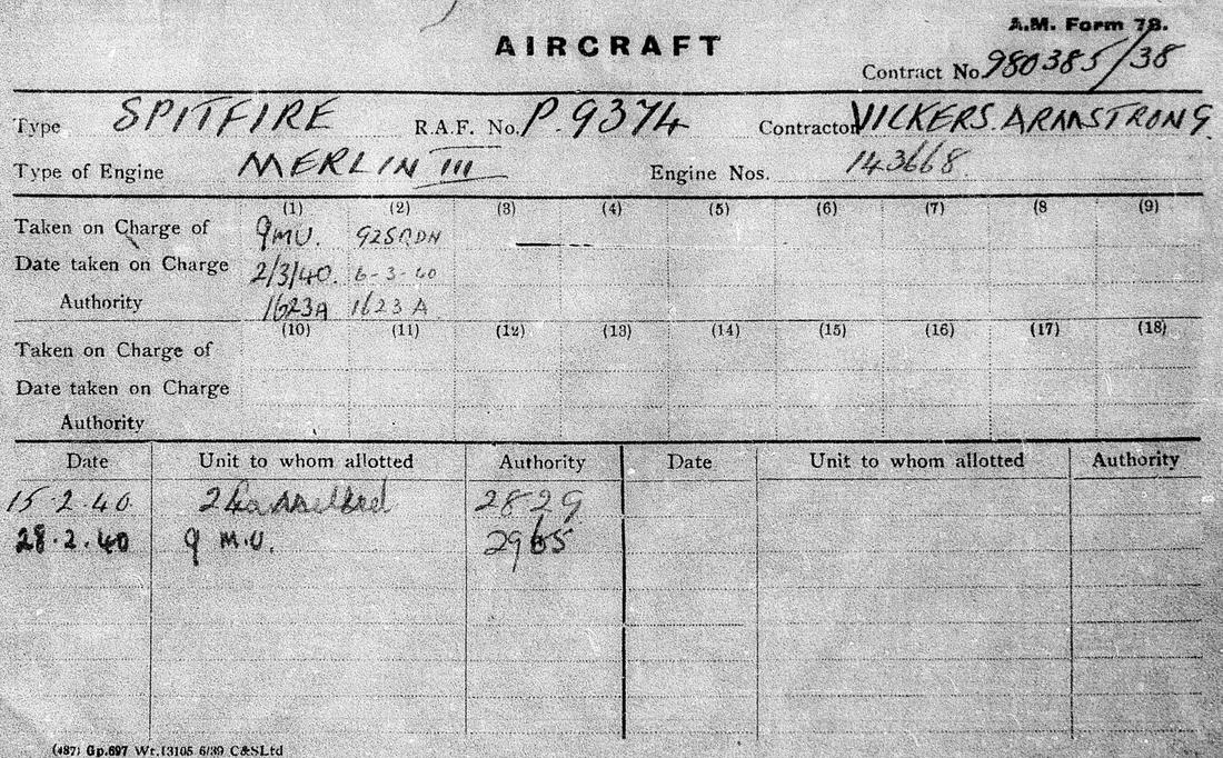 Aircraft movement card for Spitfire P9374