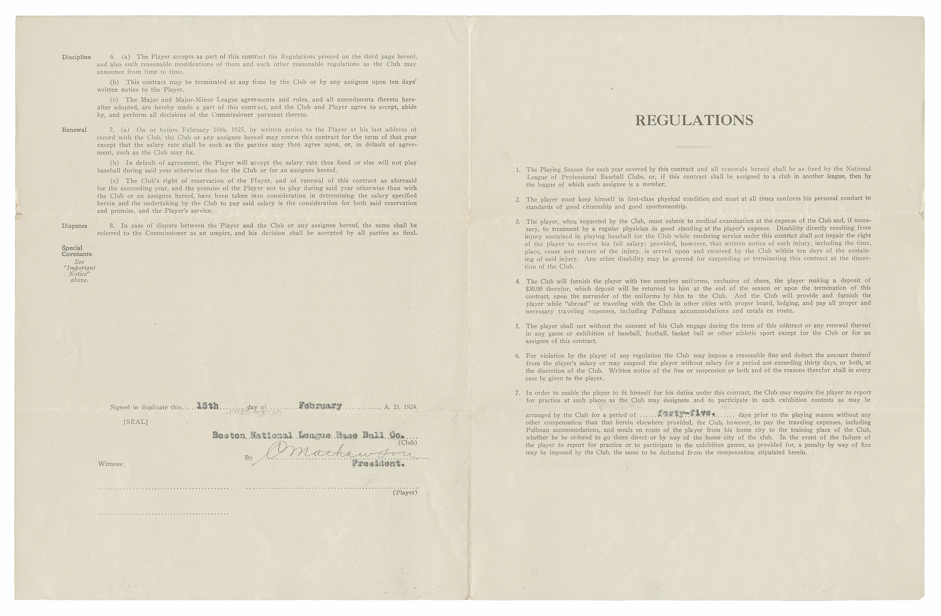 Christy Mathewson signed contract. 8&frac12; x 11 in. Sold for $8,125 in August 2017 in The Golden Age of Baseball&nbsp; at Christie&rsquo;s, online