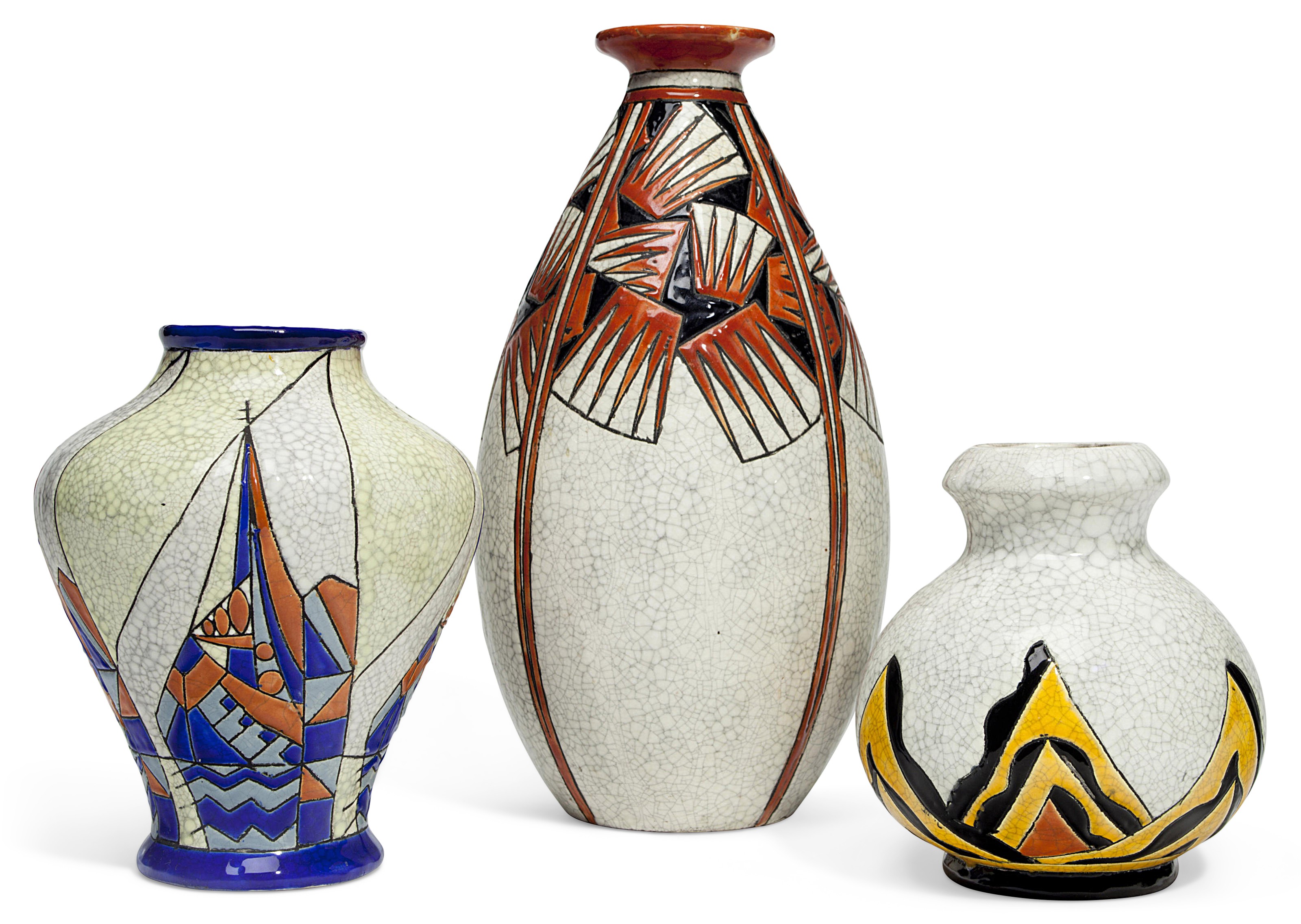 Boch Fr&egrave;res Keramis, three vases, 20th century. Offered in The Collection of Melva Bucksbaum: Decorative Arts and Design, 16-23 August 2018, Online, and sold for $2,000