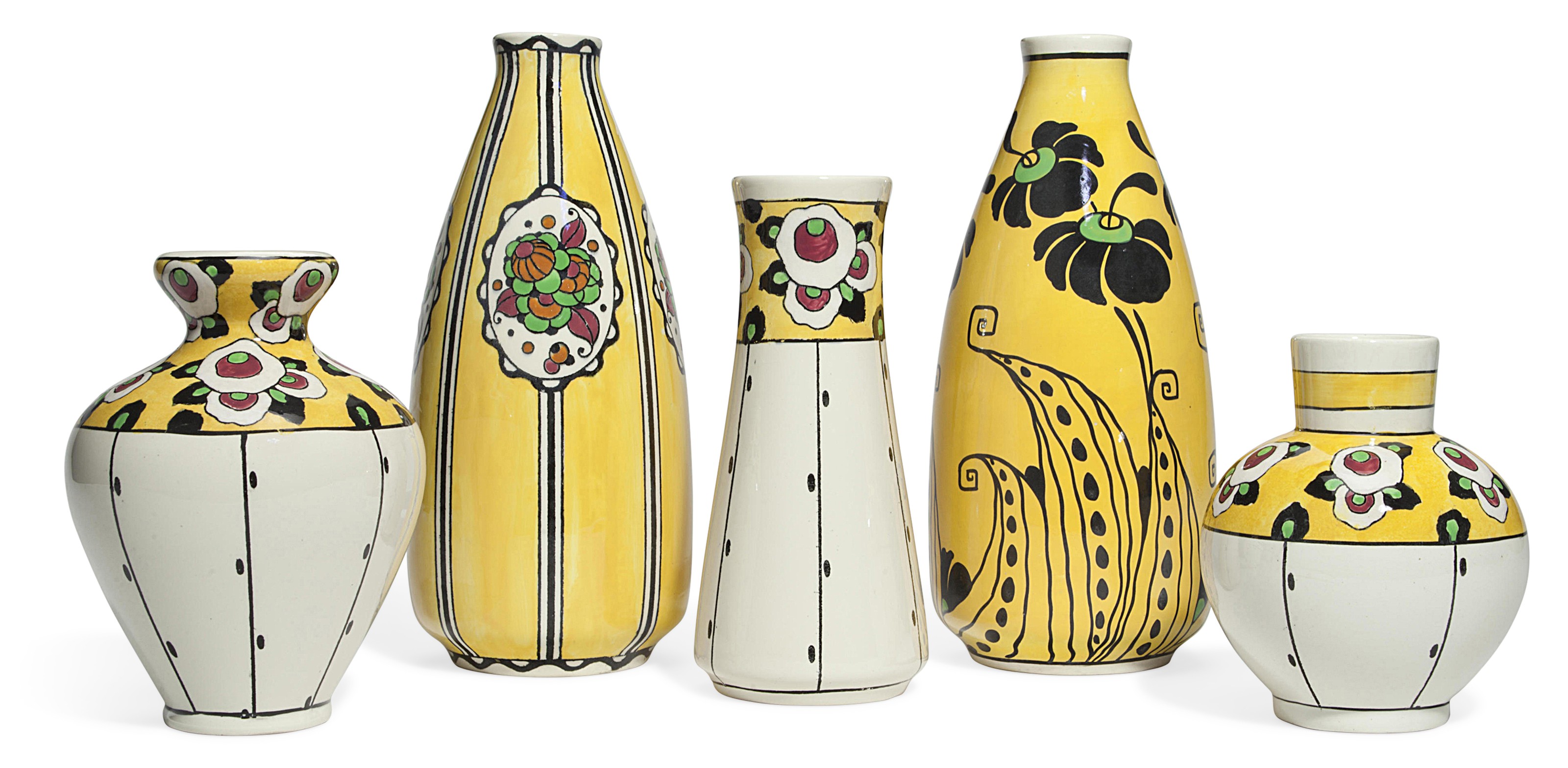 Boch Fr&egrave;res Keramis, five vases, first half of 20th century. This lot is offered in The Collection of Melva Bucksbaum: Decorative Arts and Design, 16-23 August 2018, Online, and sold for $2,250