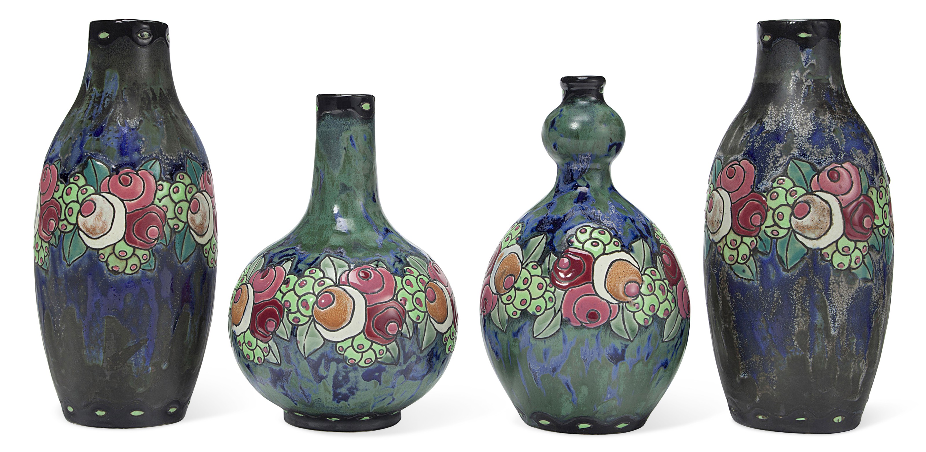 Boch Fr&egrave;res Keramis, four vases, first half of 20th century. This lot is offered in The Collection of Melva Bucksbaum: Decorative Arts and Design, 16-23 August 2018, Online, and sold for $2,250