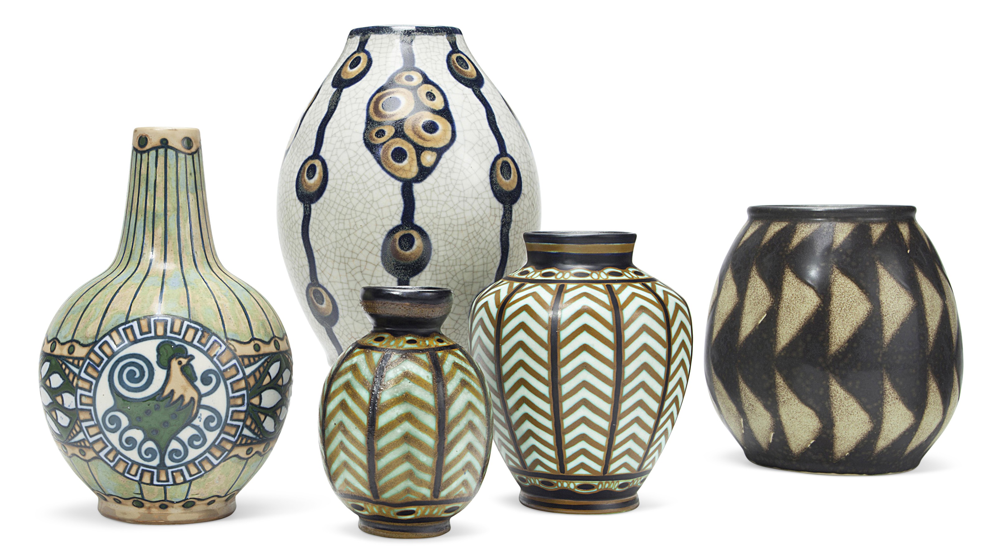 Boch Fr&egrave;res Keramis, five vases, 20th century. Offered in The Collection of Melva Bucksbaum: Decorative Arts and Design, 16-23 August 2018, Online, and sold for $3,750