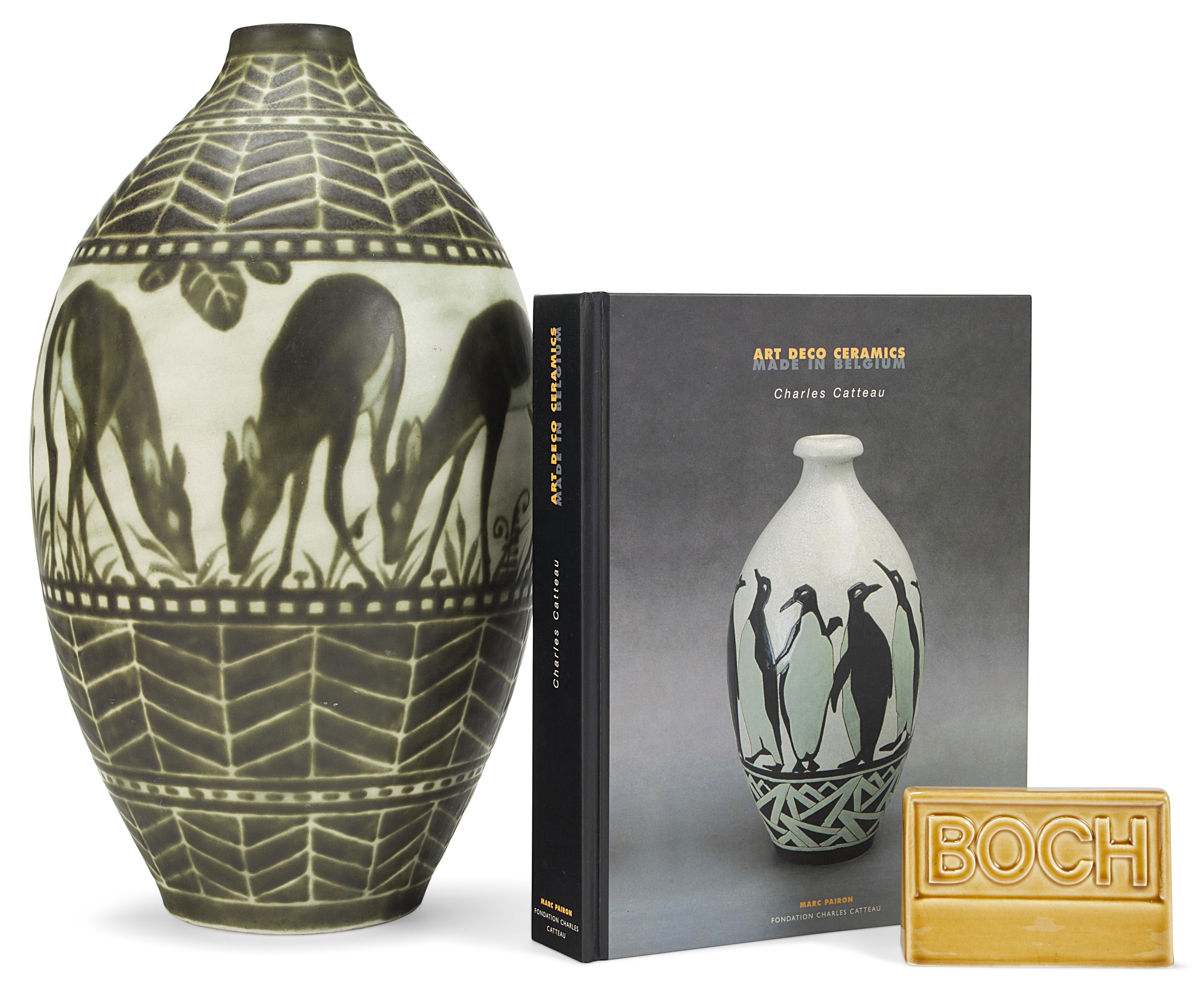 Boch Freres Keramis, a vase and a sign, 20th century. Offered in The Collection of Melva Bucksbaum: Decorative Arts and Design, 16-23 August 2018, Online, and sold for $11,250