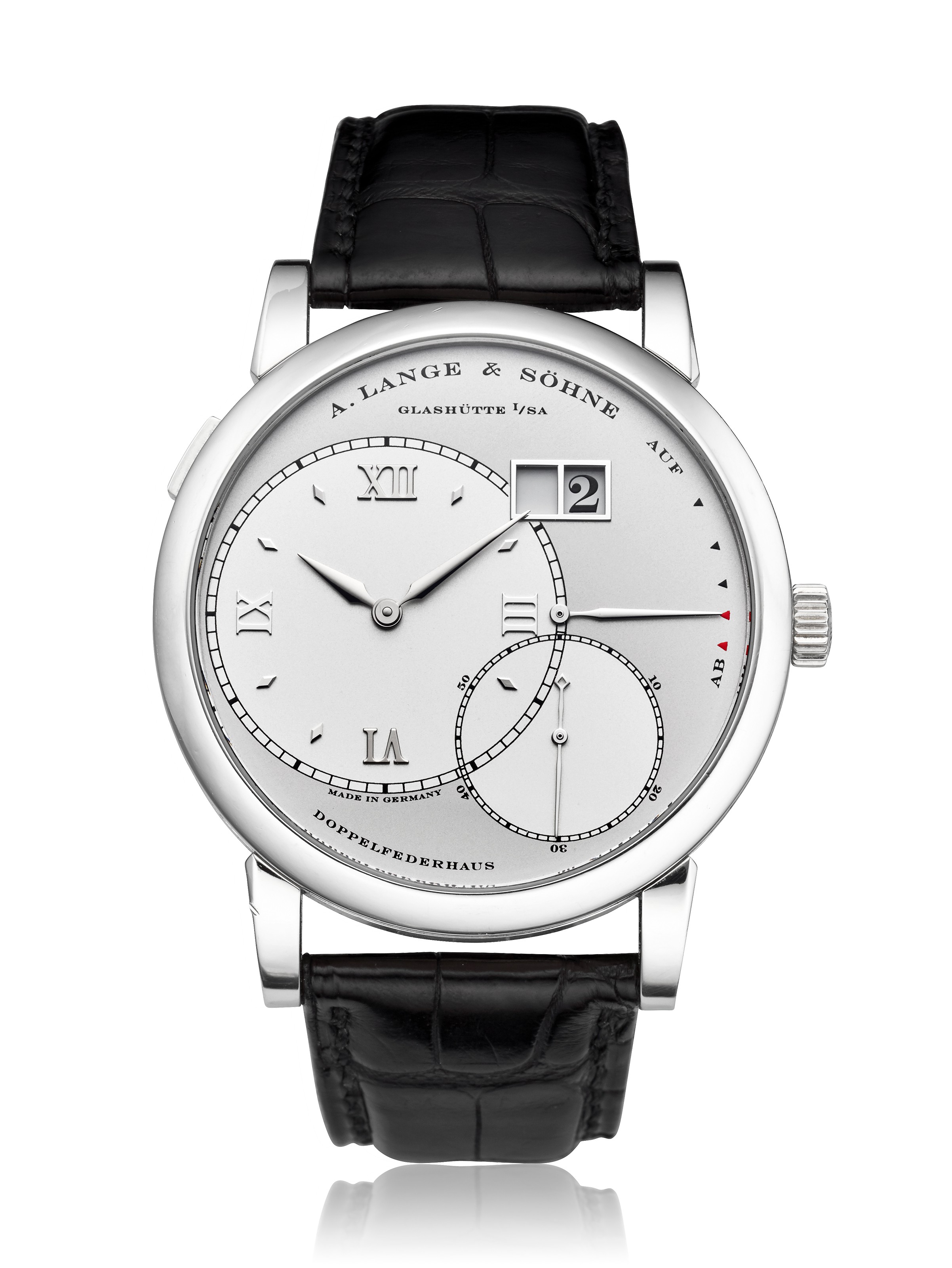 A. Lange &amp; Sohne, Platinum Grand Lange 1, Ref. 115.206. Diameter: 42 mm. Estimate:                    $30,000-40,000. Offered in Christie&rsquo;s Watches Online, 6-20 September 2018