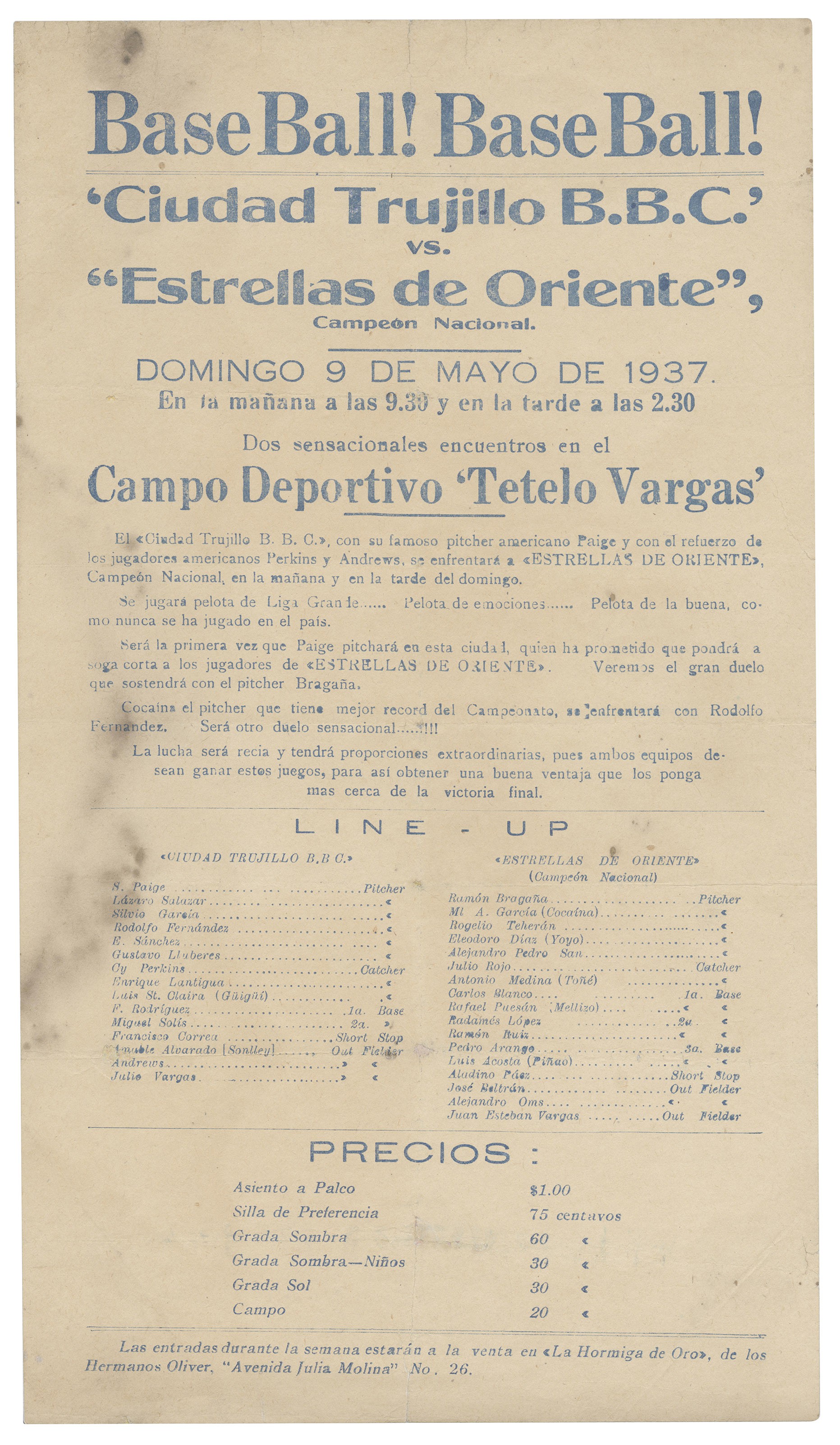 1937 Ciudad Trujillo vs. Estrellas de Oriente broadside. Estimate: $1,500-2,000. This lot is offered in The Golden Age of Baseball, 29 March to 6 April 2018, Online